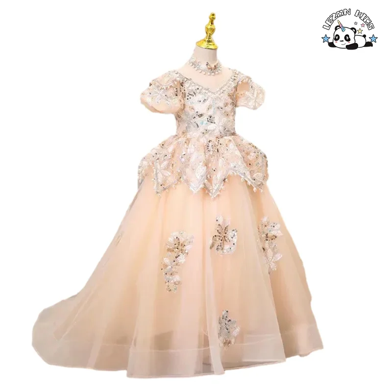 LEZONKIDS - Factory Sale Kids Tulle Dress for Girls Sequined Beaded Embroidery Pearl Girl Dress Birthday Party Tulle Dress Ball Gown